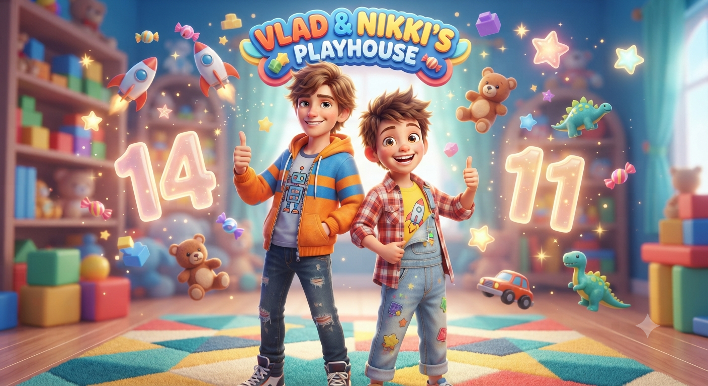 Vlad and Nikki smiling and holding toys